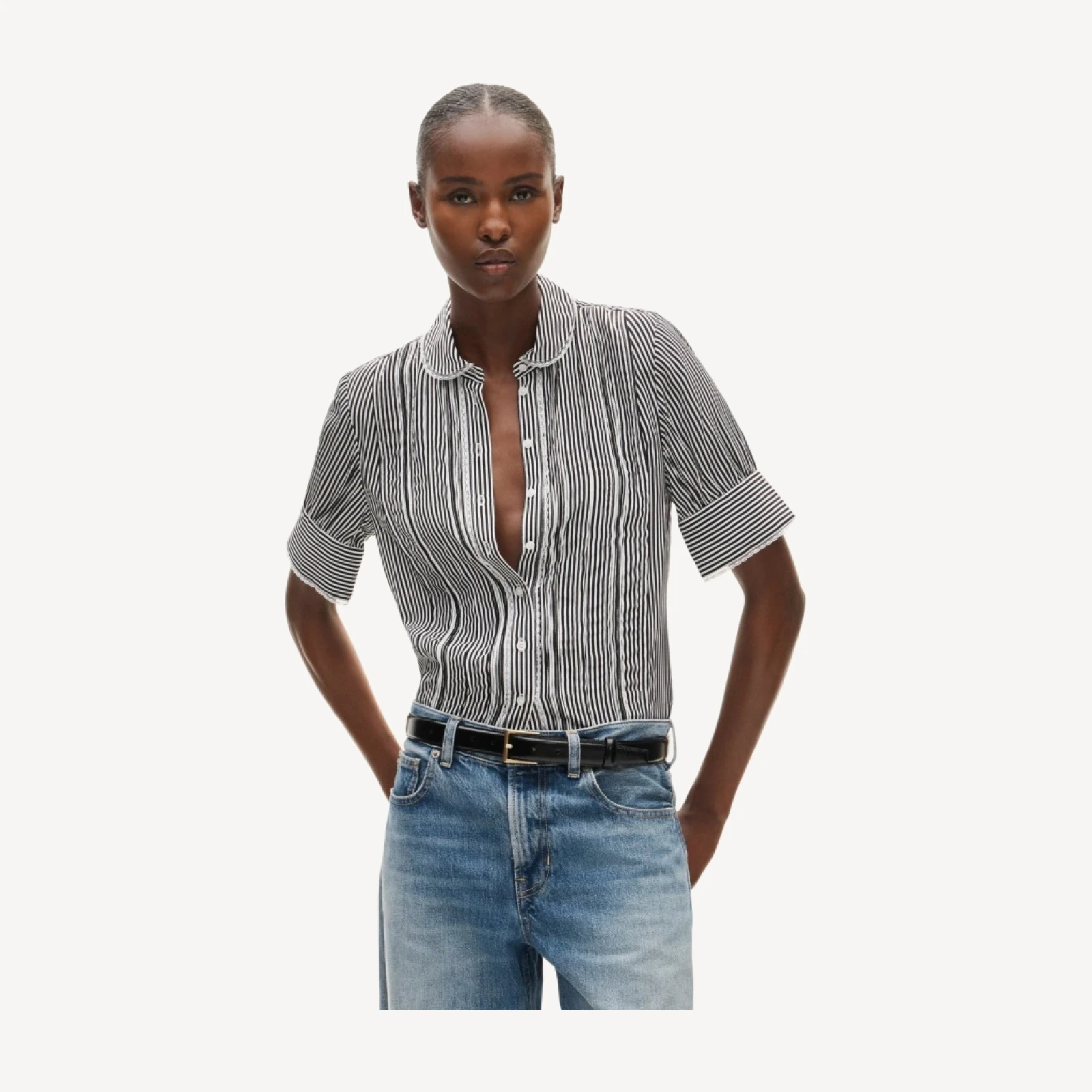 Lace-trim button-up top in striped crepe de chine