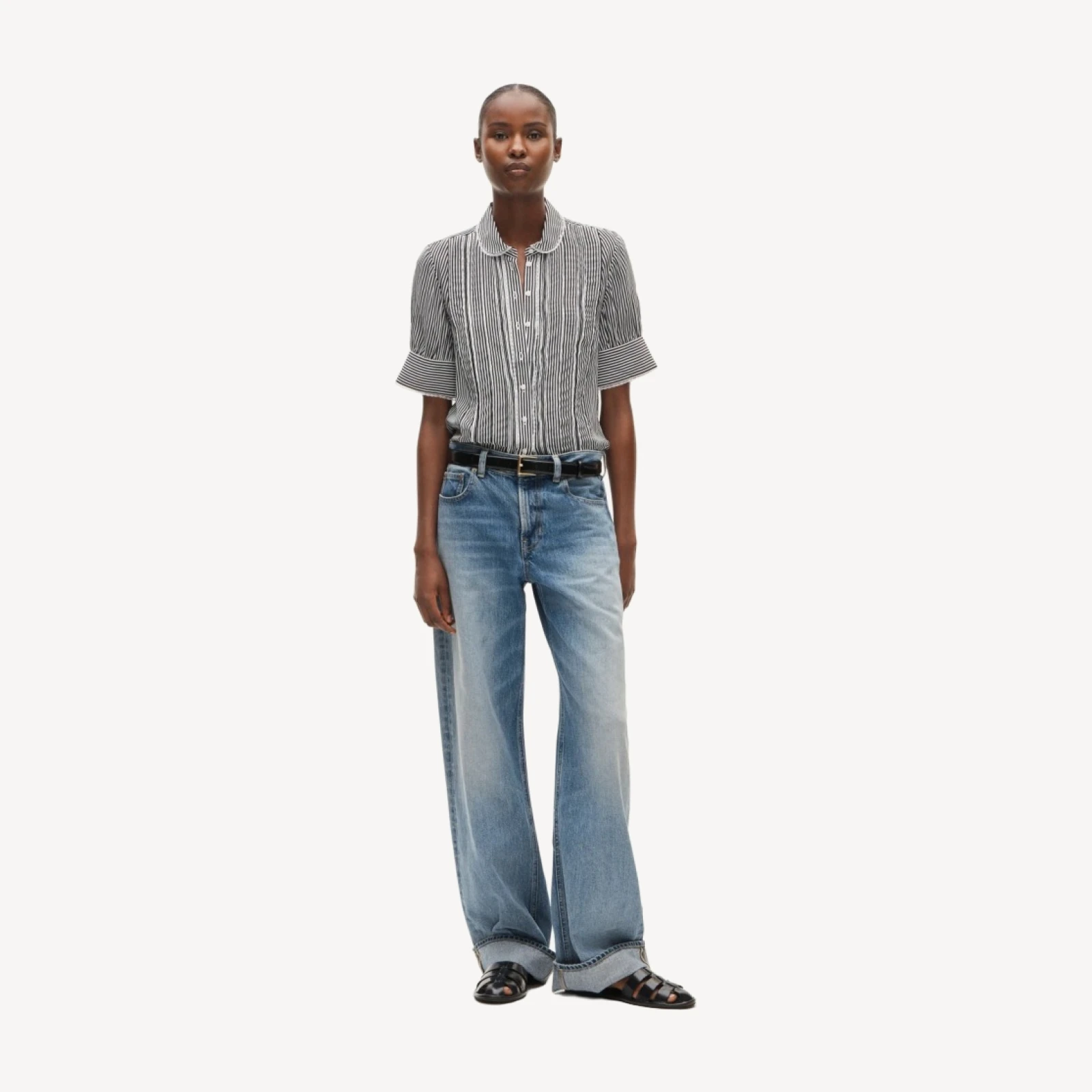 Lace-trim button-up top in striped crepe de chine