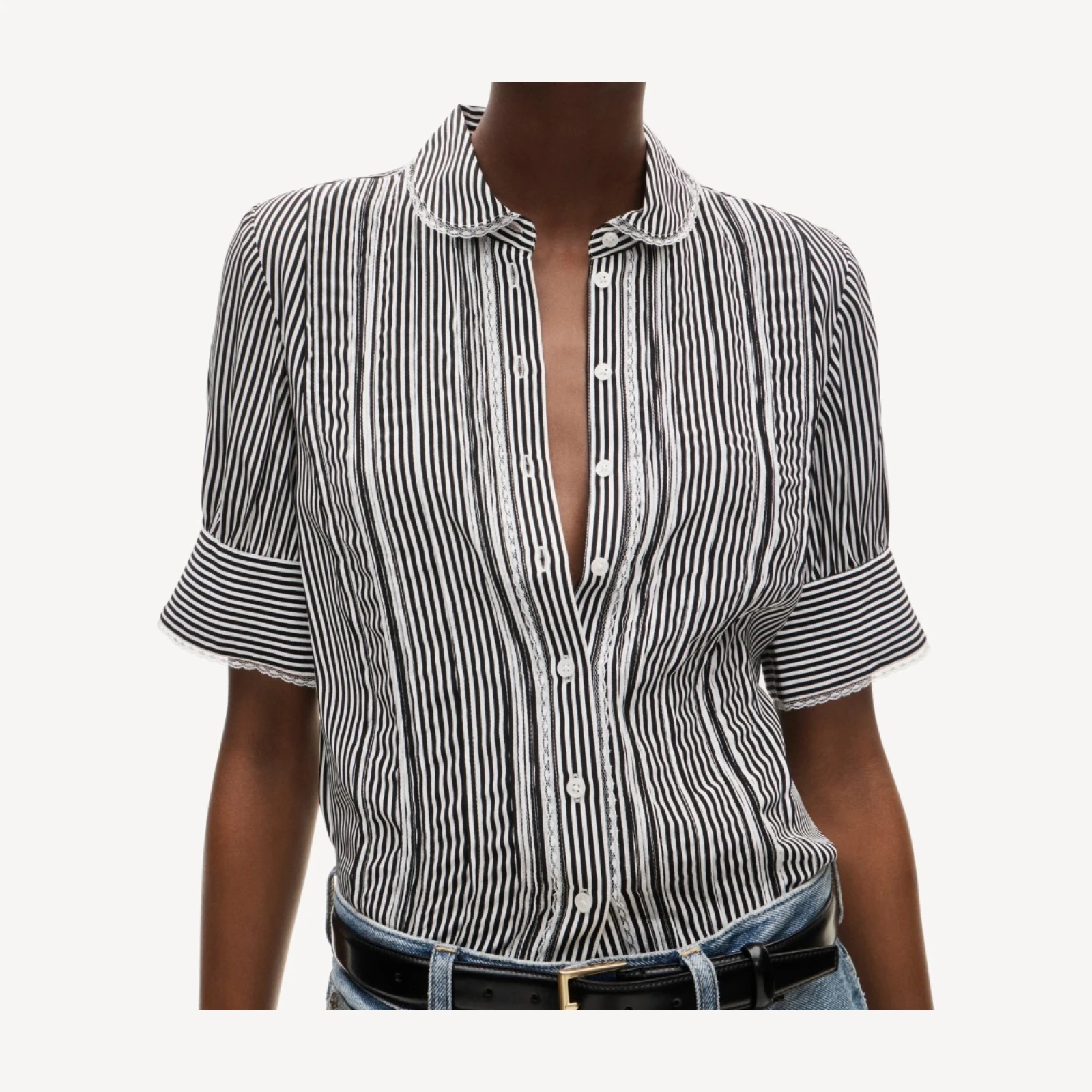 Lace-trim button-up top in striped crepe de chine