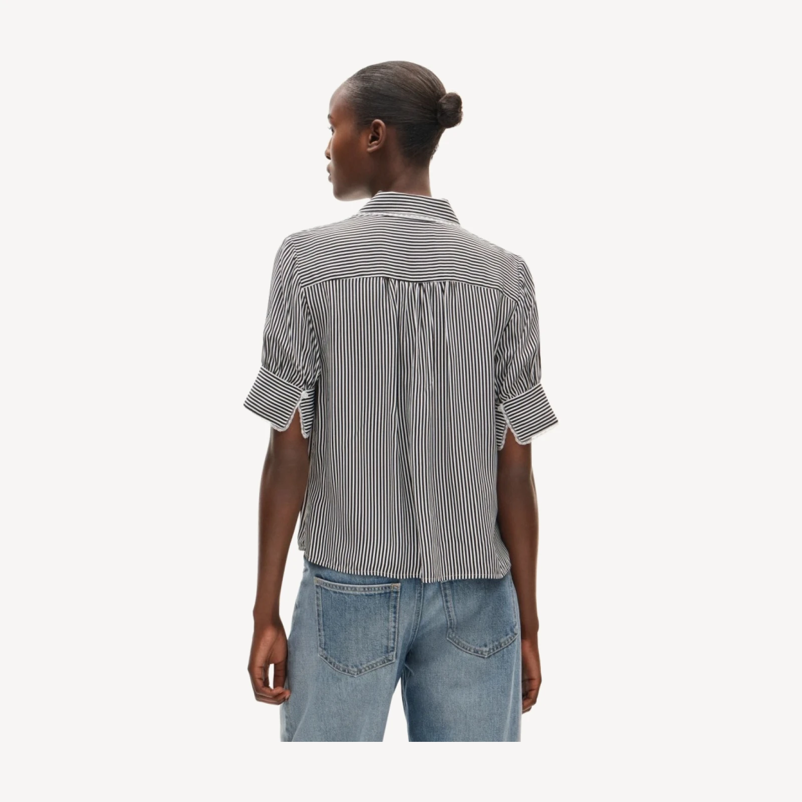 Lace-trim button-up top in striped crepe de chine