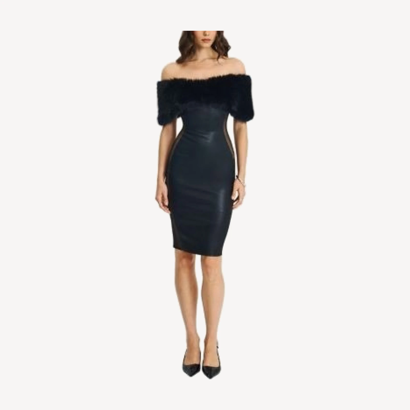 Miss Circle Bellis Fur Trim Mesh Panel Off-Shoulder Midi Dress