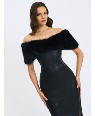 Miss Circle Bellis Fur Trim Mesh Panel Off-Shoulder Midi Dress