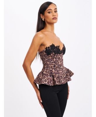 Miss Circle Qiara Cheetah Print Peplum Top with Lace Trim