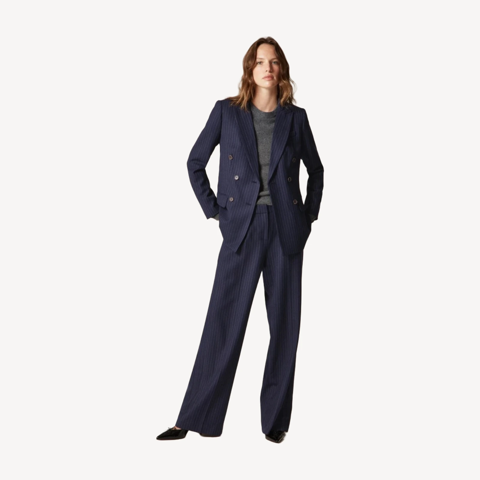 Double-breasted blazer in pinstriped wool blend
