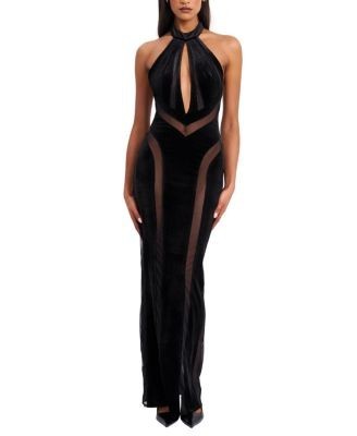 Miss Circle Paityn Velvet Mesh Cutout Halter Gown