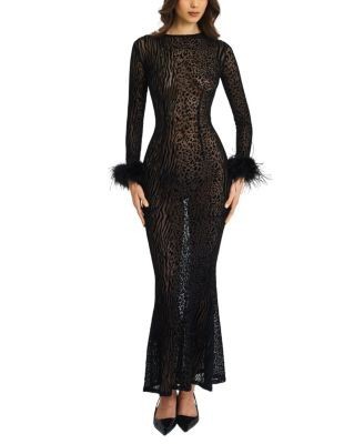 Miss Circle Patricia Feather Sleeve Trim Velvet Mesh Maxi Dress