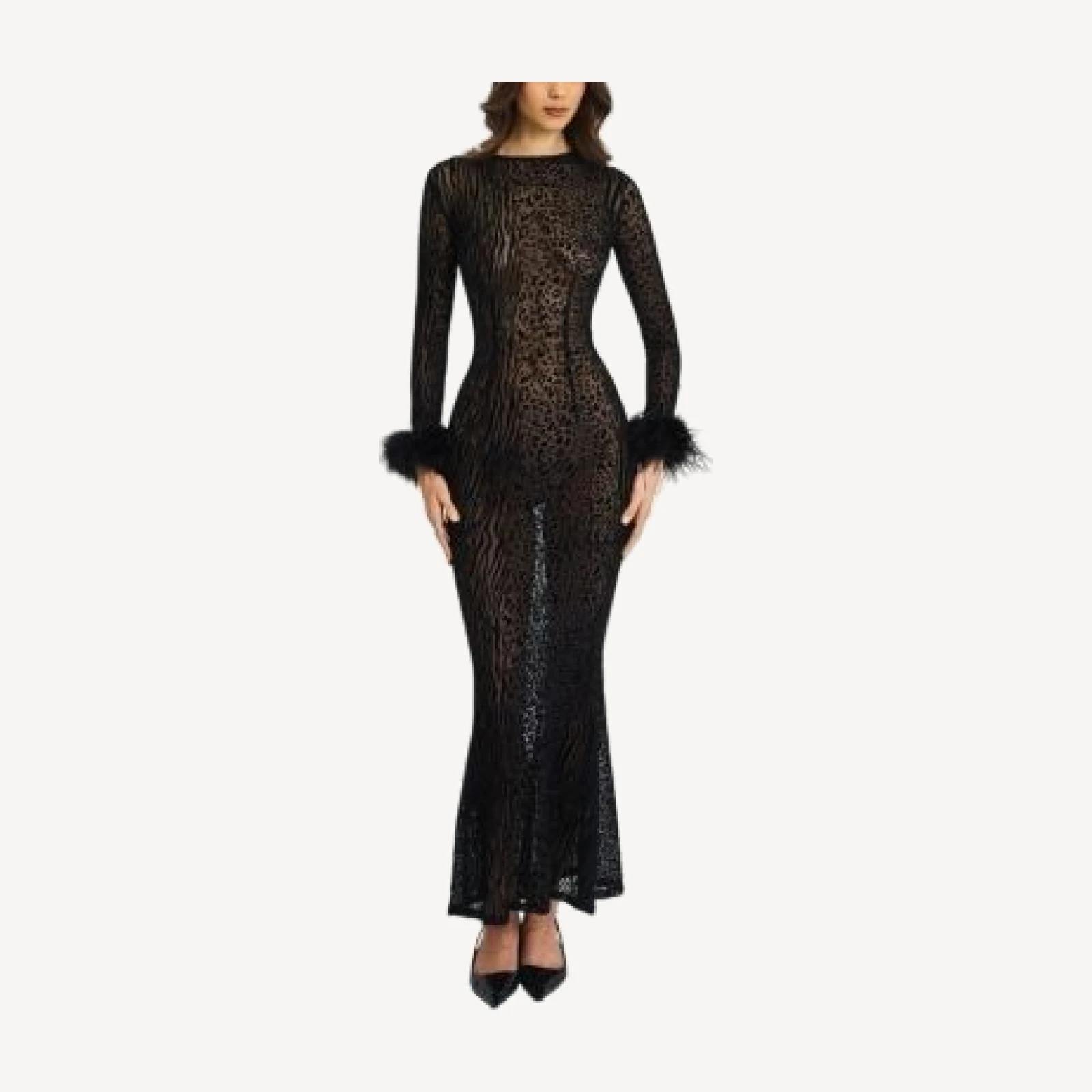 Miss Circle Patricia Feather Sleeve Trim Velvet Mesh Maxi Dress