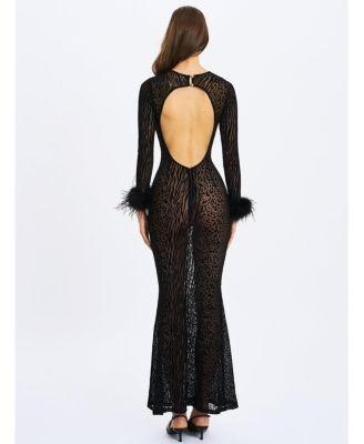 Miss Circle Patricia Feather Sleeve Trim Velvet Mesh Maxi Dress