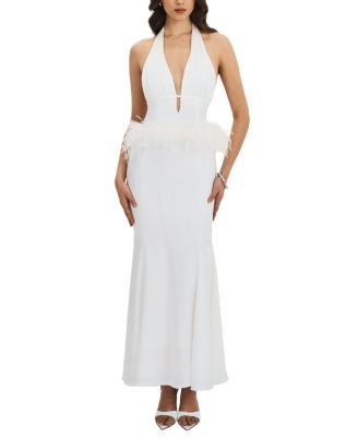 Miss Circle Solene Pleated Halter Backless Feather-Trim Maxi Dress