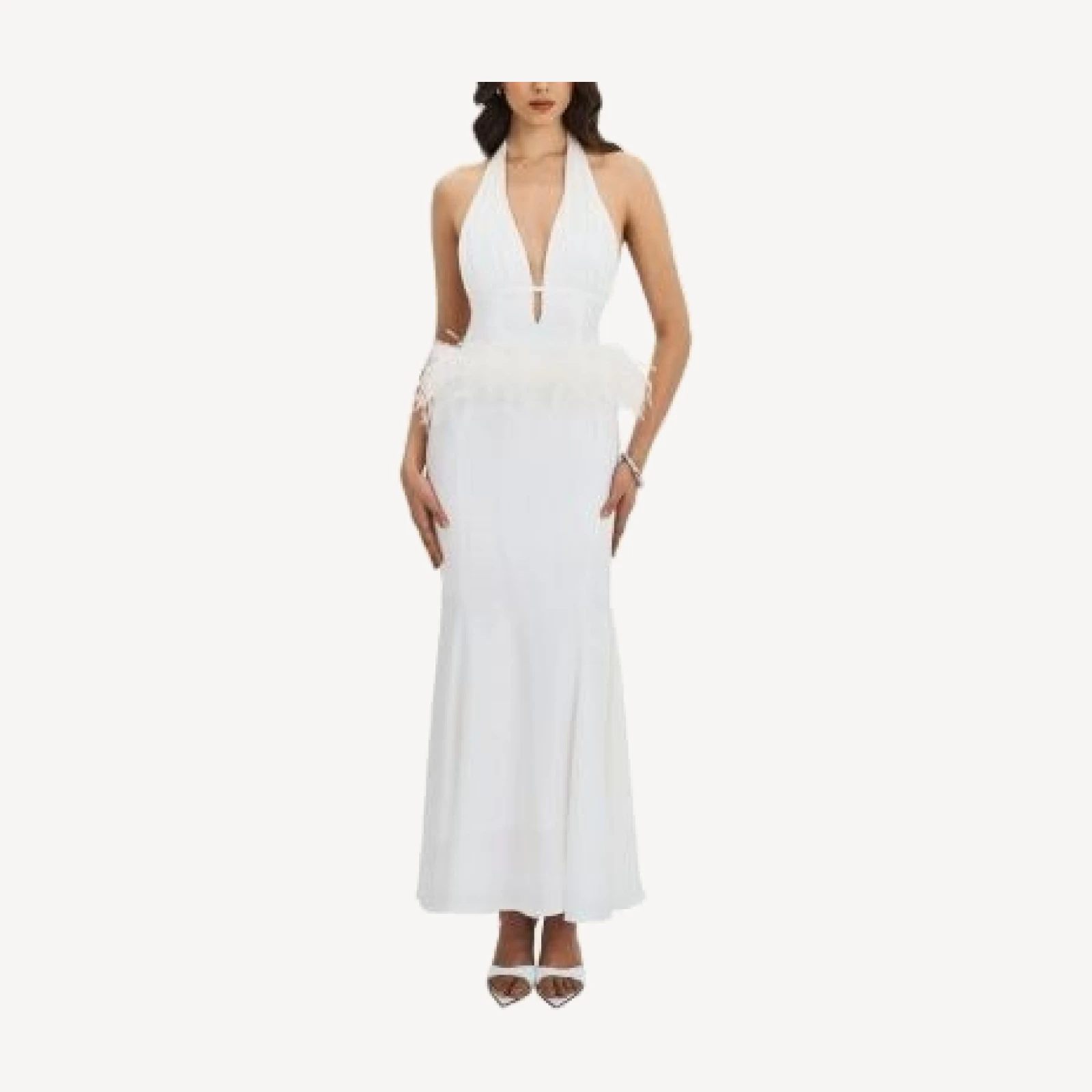 Miss Circle Solene Pleated Halter Backless Feather-Trim Maxi Dress