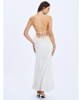 Miss Circle Solene Pleated Halter Backless Feather-Trim Maxi Dress