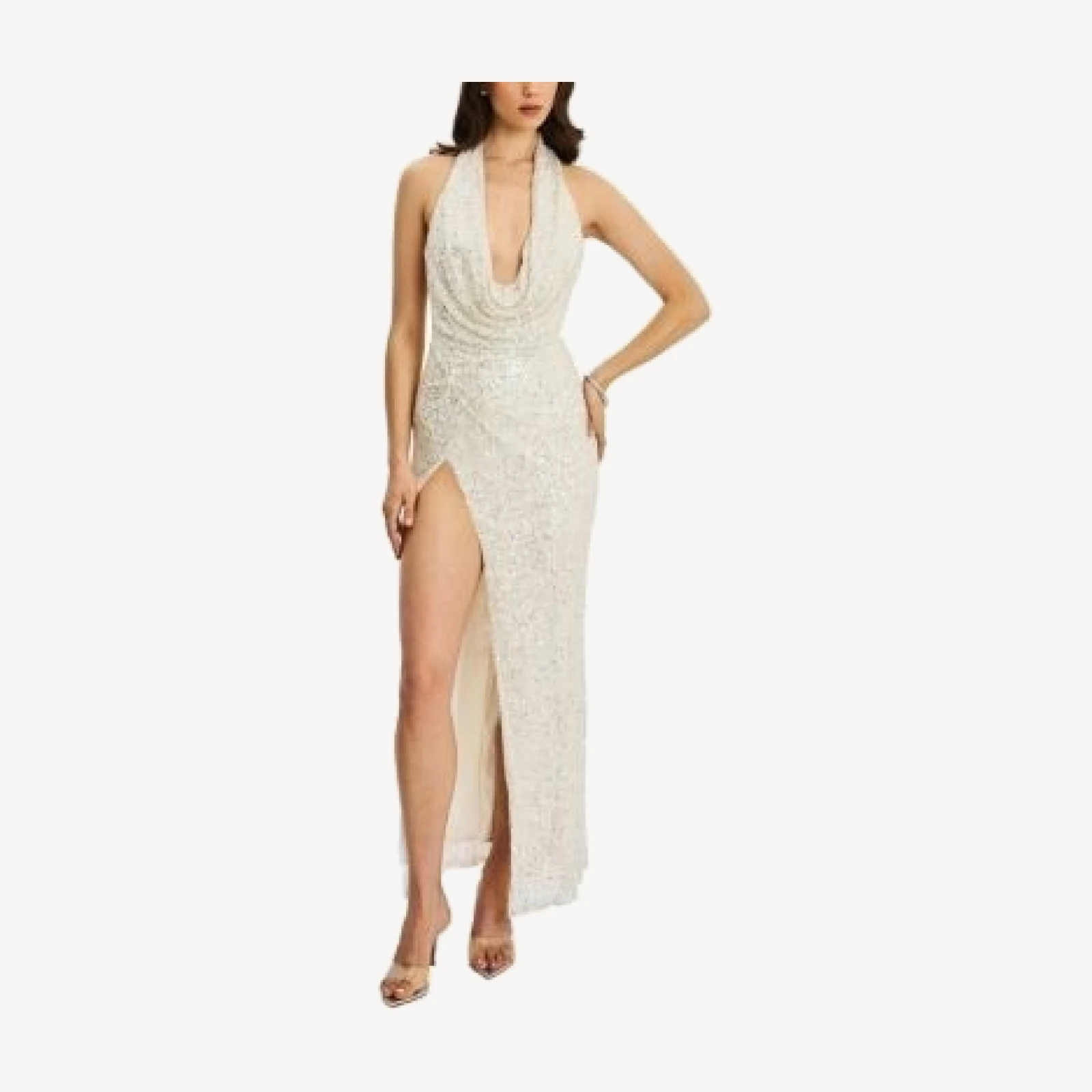 Miss Circle Niamh Beaded Cowl Halter Backless Maxi Dress
