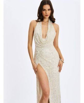 Miss Circle Niamh Beaded Cowl Halter Backless Maxi Dress