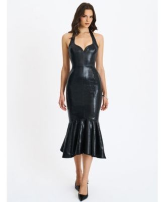 Miss Circle Gardenia Faux Leather Midi Sweetheart Halter Flared Dress