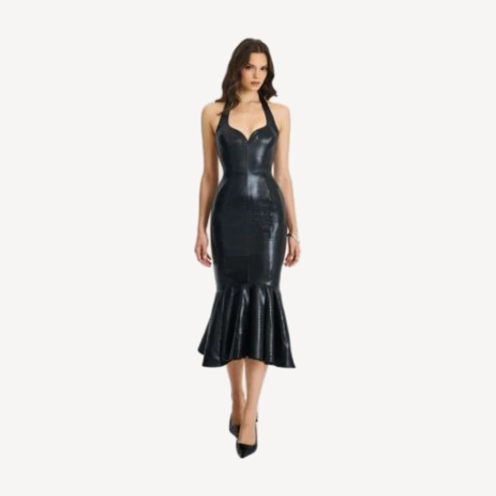 Miss Circle Gardenia Faux Leather Midi Sweetheart Halter Flared Dress
