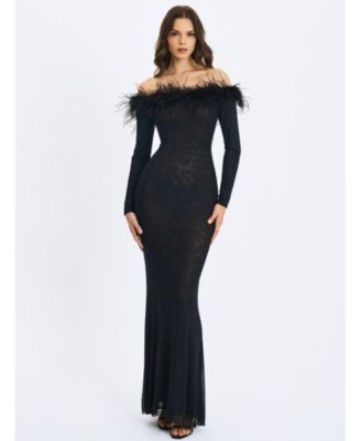 Miss Circle Emberly Trimmed Off-Shoulder Rhinestone Mesh Mermaid Dress