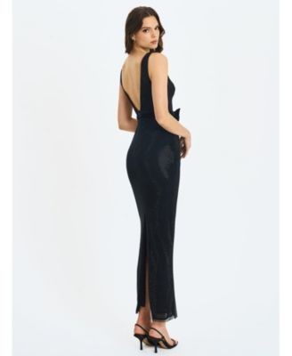 Miss Circle Olympia Belted Bow Plunging Rhinestone Maxi Dress