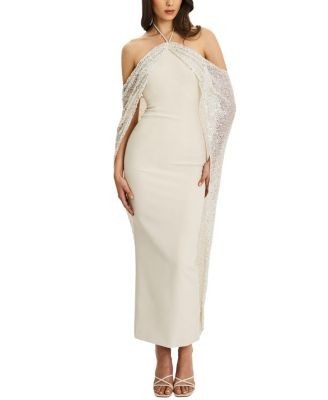 Miss Circle Quimera Beaded Cape Halter Off-Shoulder Maxi Gown