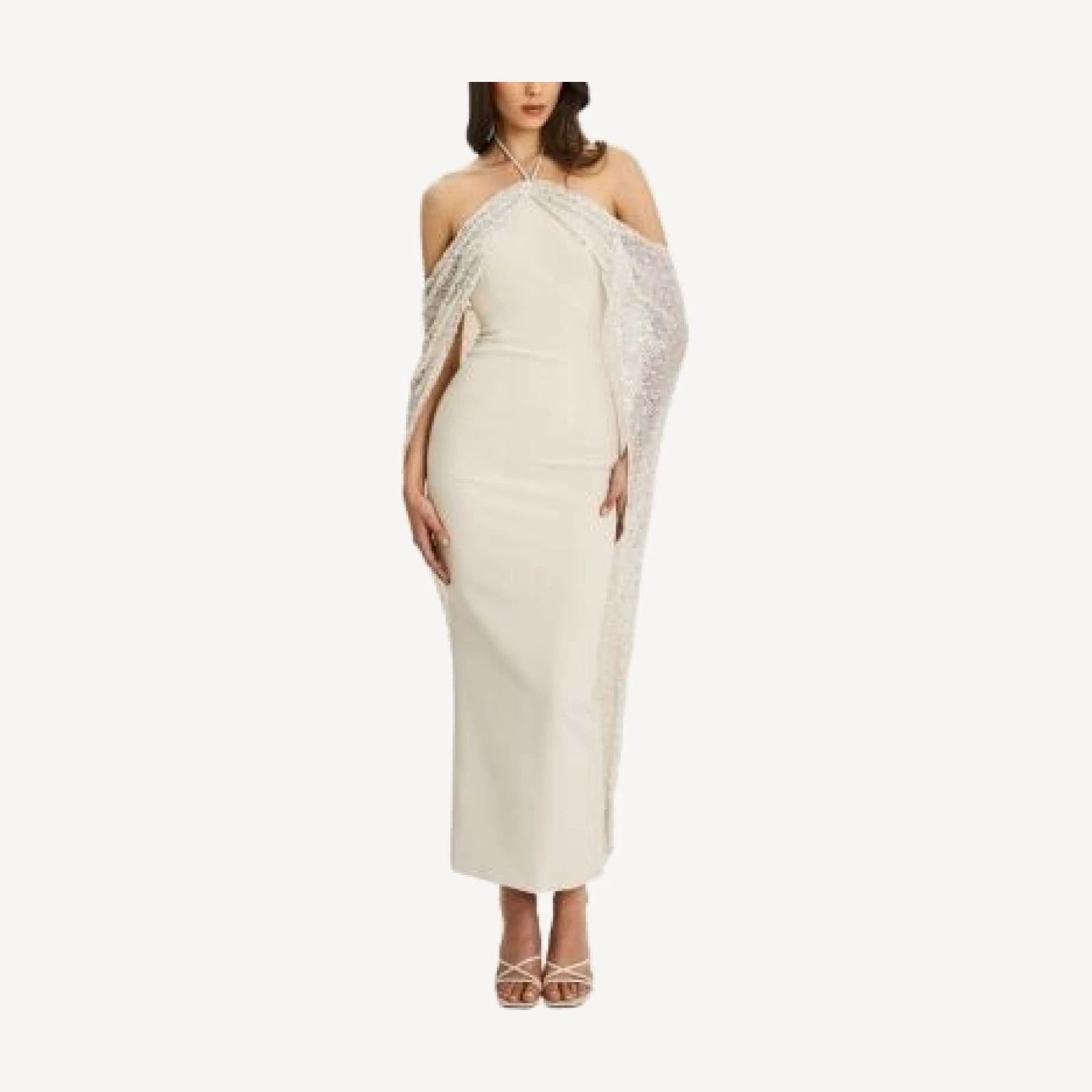 Miss Circle Quimera Beaded Cape Halter Off-Shoulder Maxi Gown