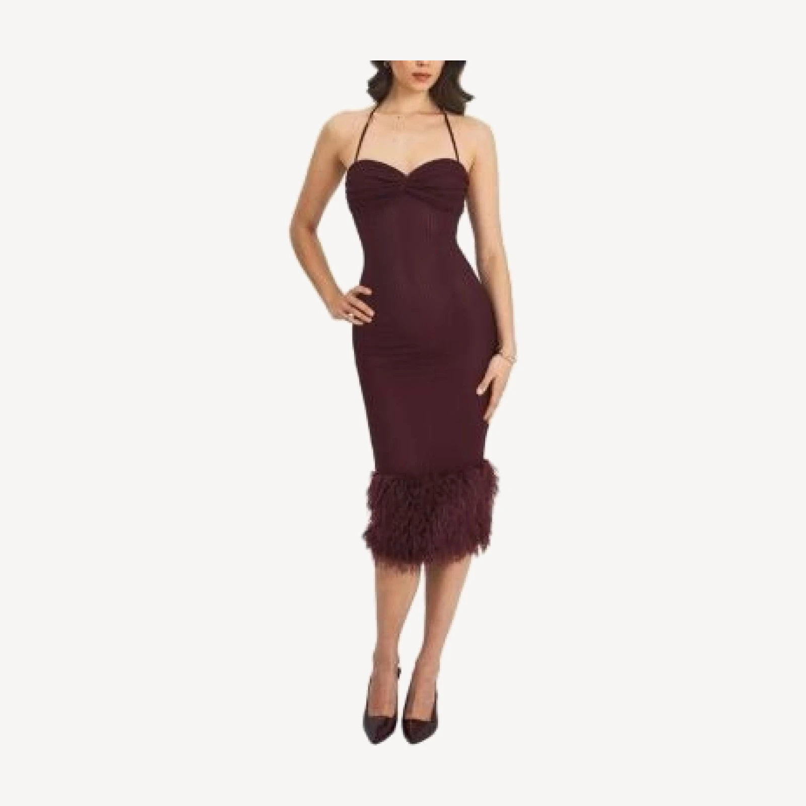 Miss Circle Pluma Halter Faux-Fur Trimmed Midi Dress