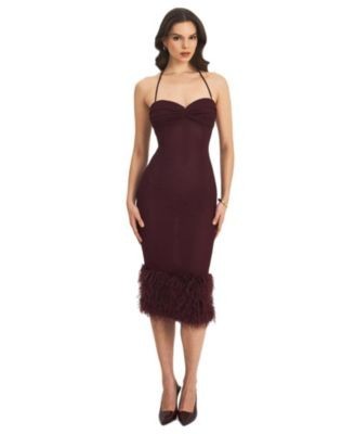 Miss Circle Pluma Halter Faux-Fur Trimmed Midi Dress