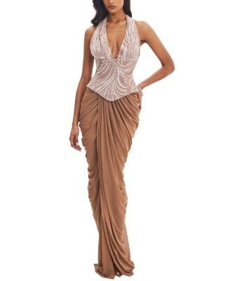 Miss Circle Nancie Beaded Halter Peplum Pleated Maxi Dress