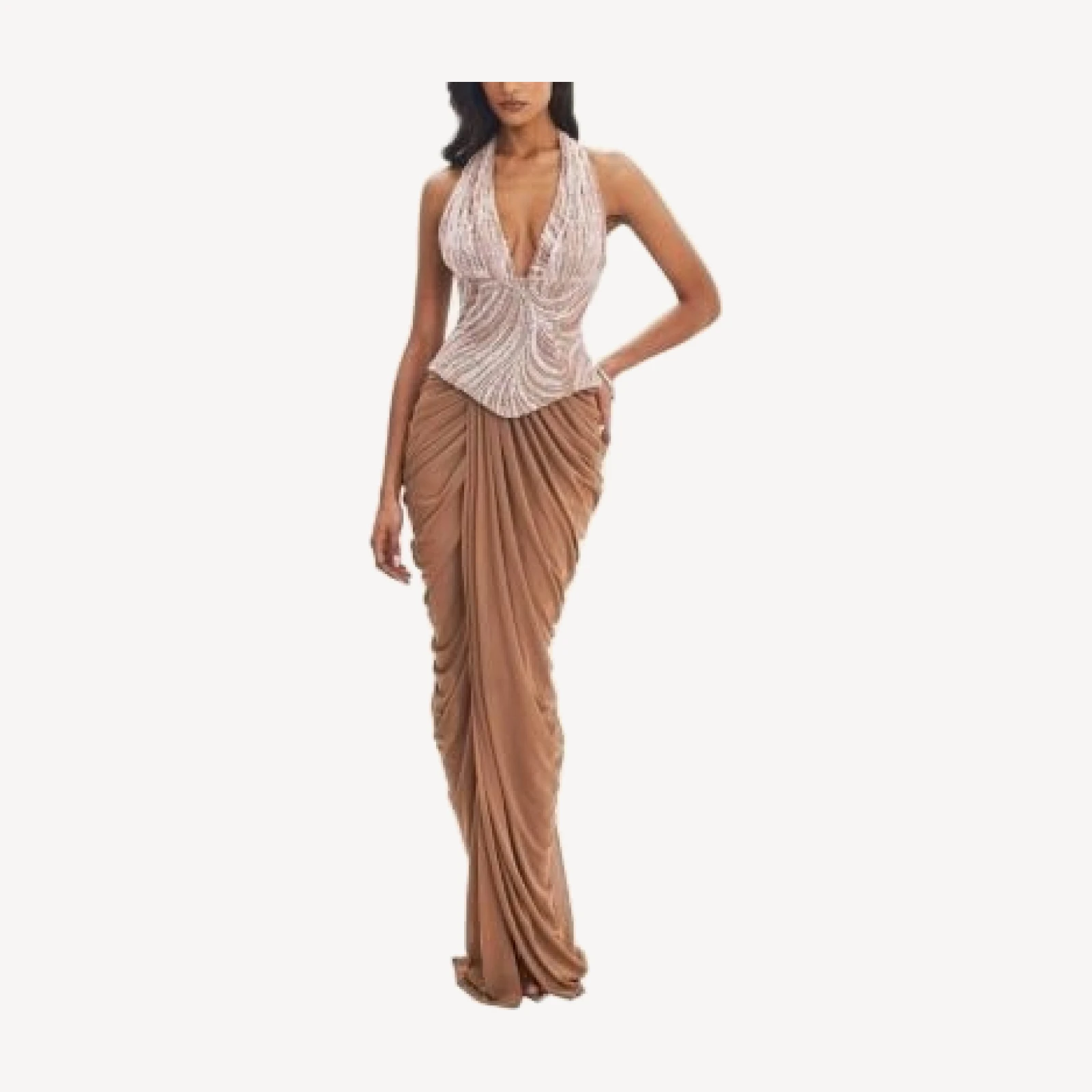 Miss Circle Nancie Beaded Halter Peplum Pleated Maxi Dress
