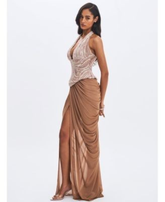 Miss Circle Nancie Beaded Halter Peplum Pleated Maxi Dress