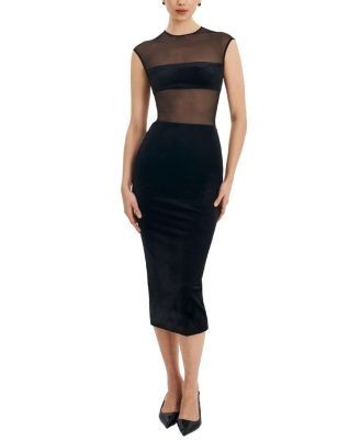 Miss Circle Quielle Mesh and Velvet Midi Bodycon Dress