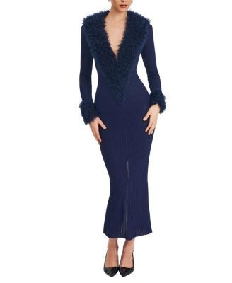 Miss Circle Romina Plunging Faux Fur Trimmed Crochet Maxi Dress