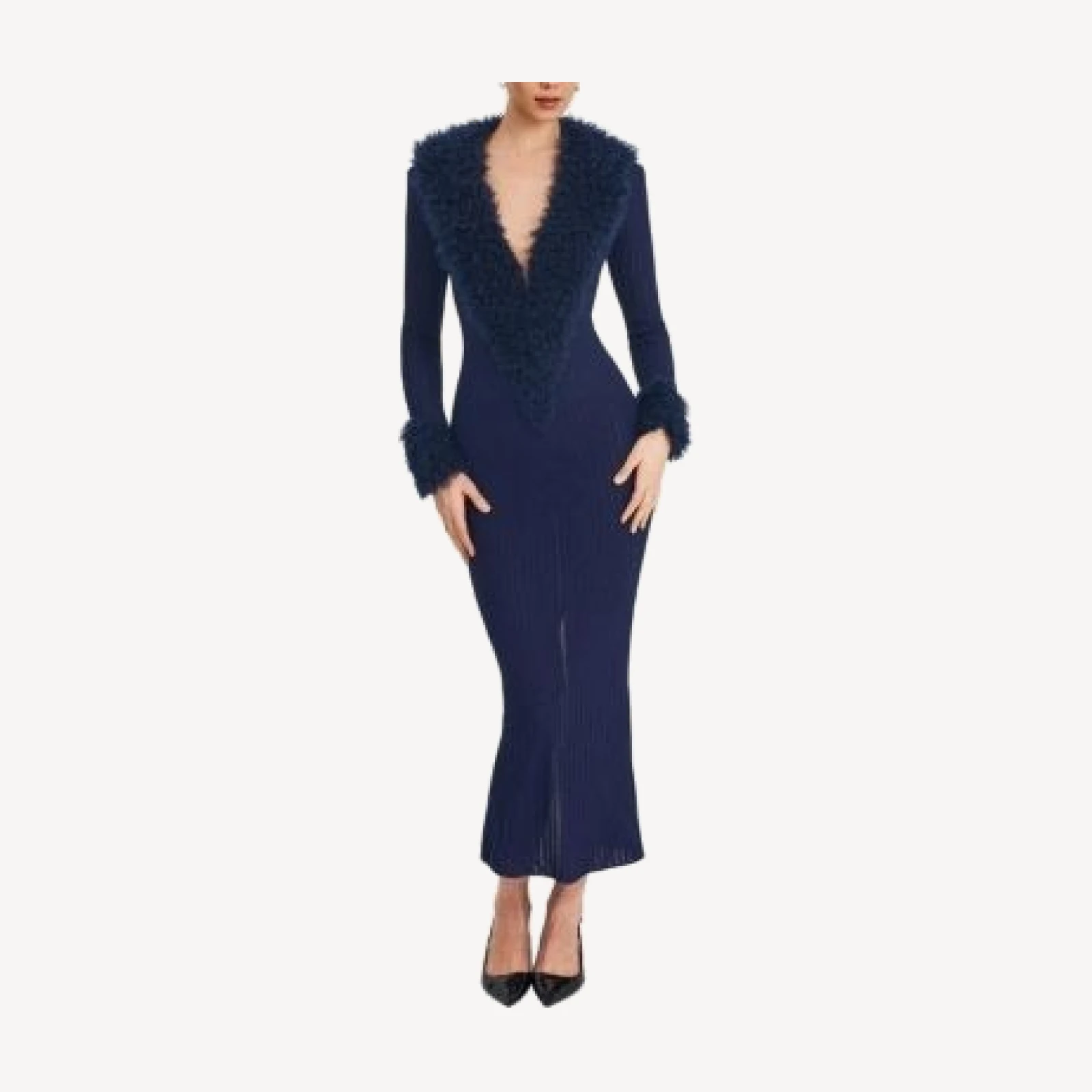 Miss Circle Romina Plunging Faux Fur Trimmed Crochet Maxi Dress