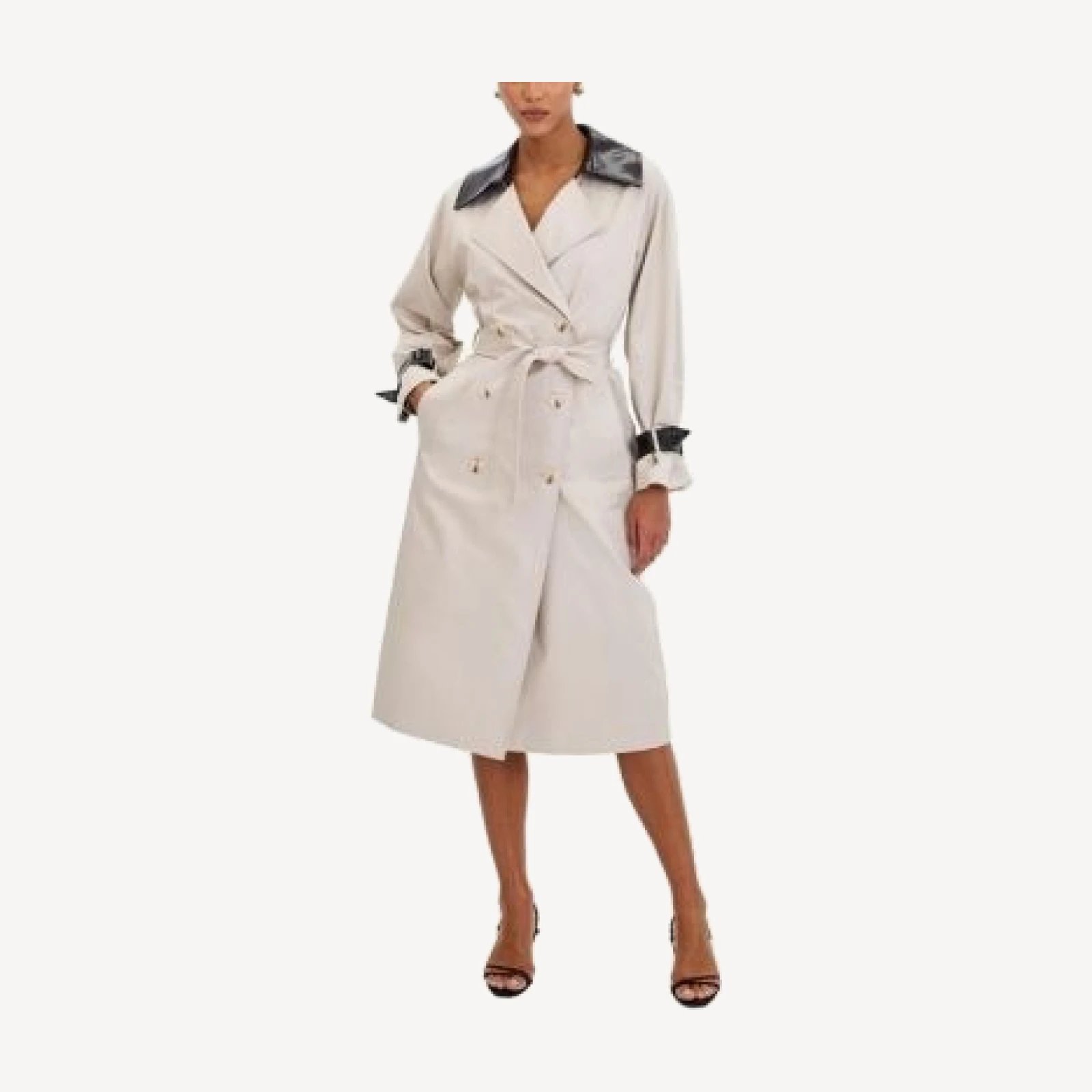 Miss Circle Umber Double-Breasted Faux Leather Lapel Trench Coat