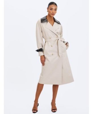 Miss Circle Umber Double-Breasted Faux Leather Lapel Trench Coat, photo 3