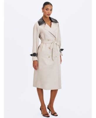 Miss Circle Umber Double-Breasted Faux Leather Lapel Trench Coat, photo 6