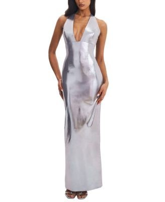 Miss Circle Valeska Foil Plunging Sheath Maxi Dress