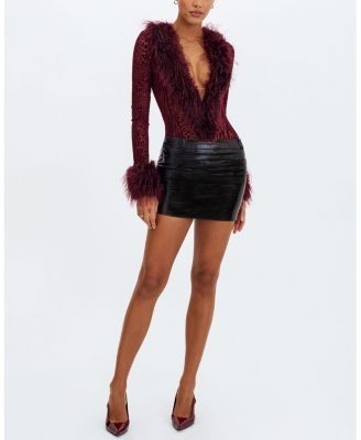 Miss Circle Valene Burnout Velvet Fur-Trim Bodysuit