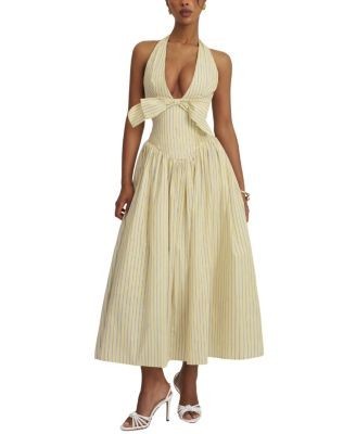 Miss Circle Talise Cotton Poplin Stripe Plunging Halter Maxi Dress