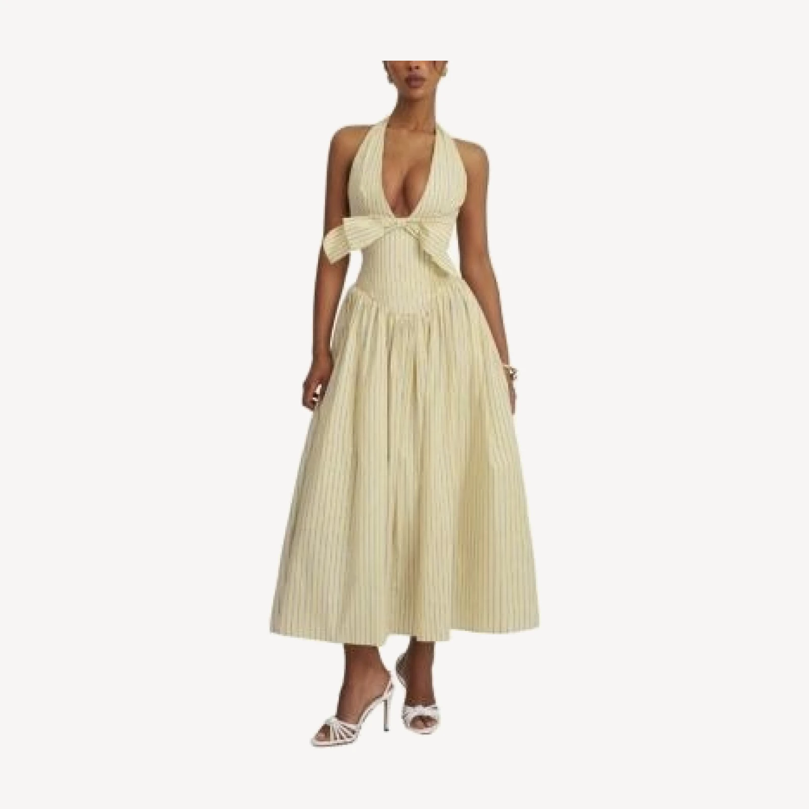 Miss Circle Talise Cotton Poplin Stripe Plunging Halter Maxi Dress