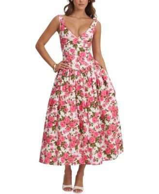Miss Circle Wilfreda Blooming Floral Linen Sweetheart Midi Dress