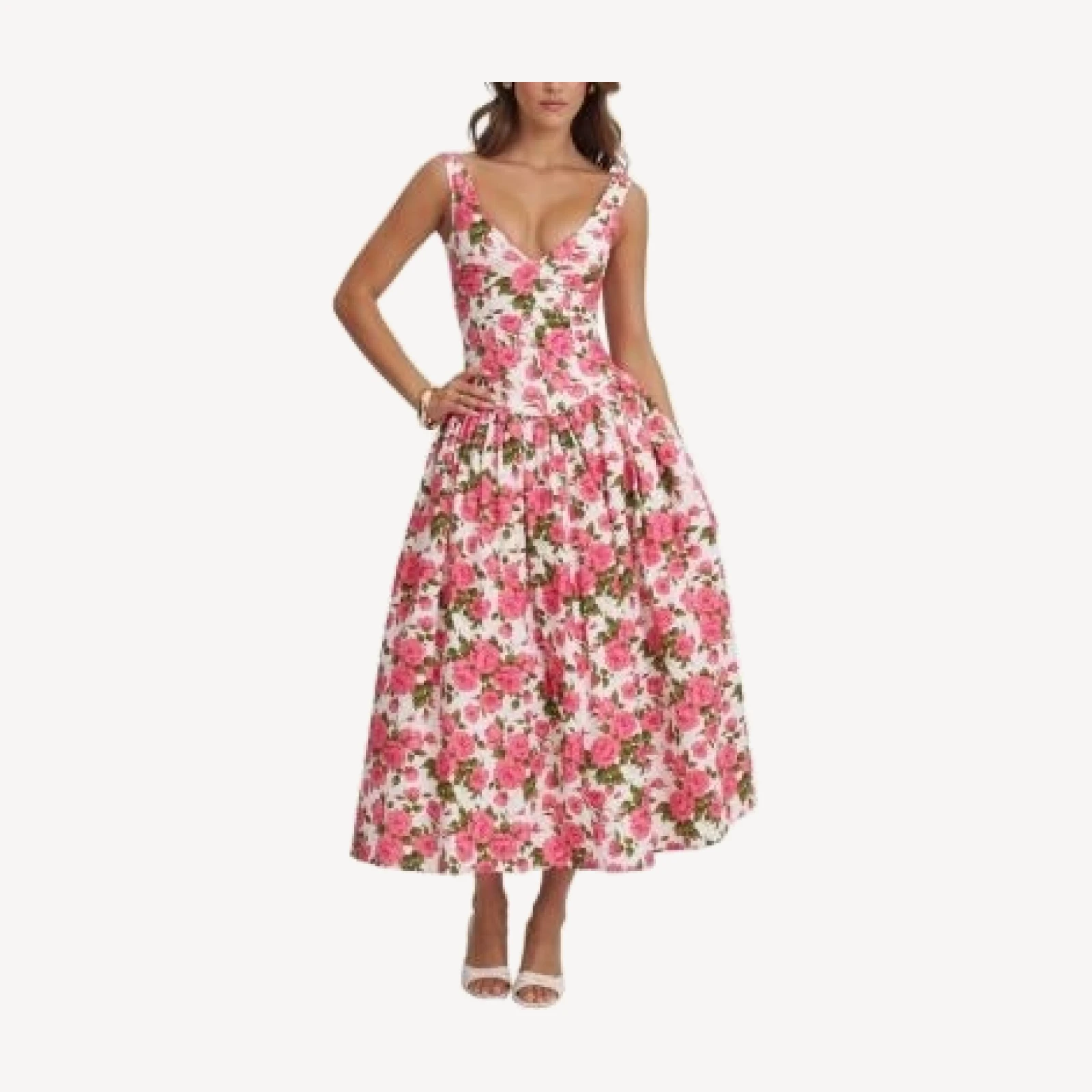 Miss Circle Wilfreda Blooming Floral Linen Sweetheart Midi Dress