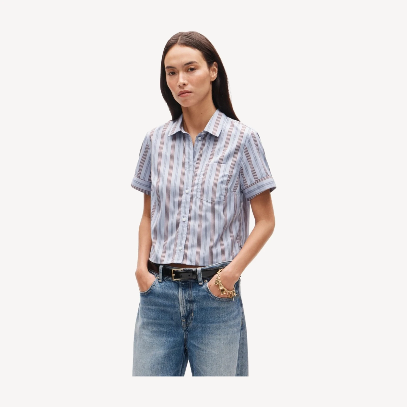 Button-up short-sleeve shirt in striped poplin