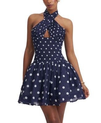 Miss Circle Yamina Polka Dot Ramie Crossover Halter Gathered Mini Dress