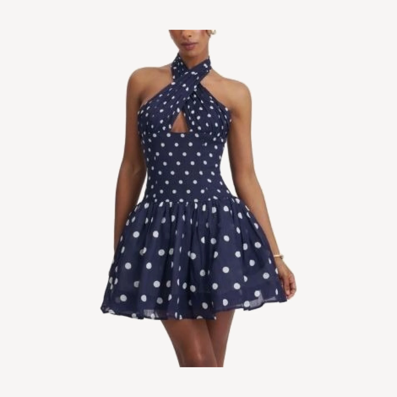 Miss Circle Yamina Polka Dot Ramie Crossover Halter Gathered Mini Dress