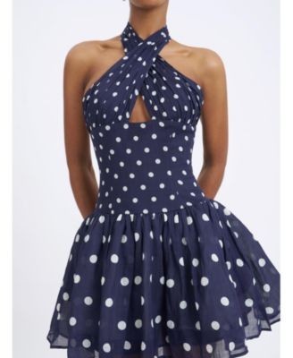 Miss Circle Yamina Polka Dot Ramie Crossover Halter Gathered Mini Dress