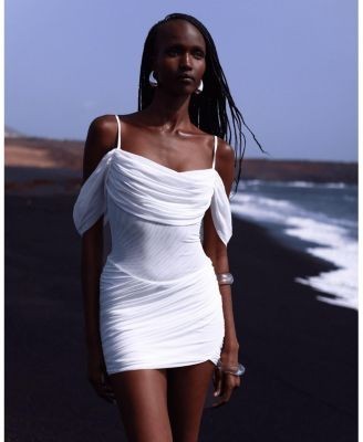 Miss Circle Umnia Mesh Off-Shoulder Drape Mini Dress