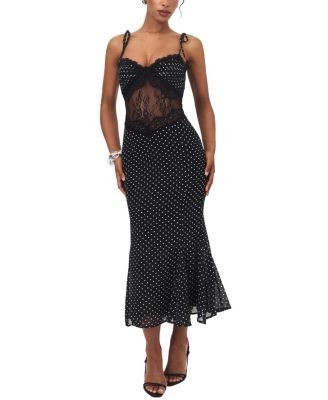 Miss Circle Zehra Polka Dot Chiffon Lace Cutout Mermaid Midi Dress