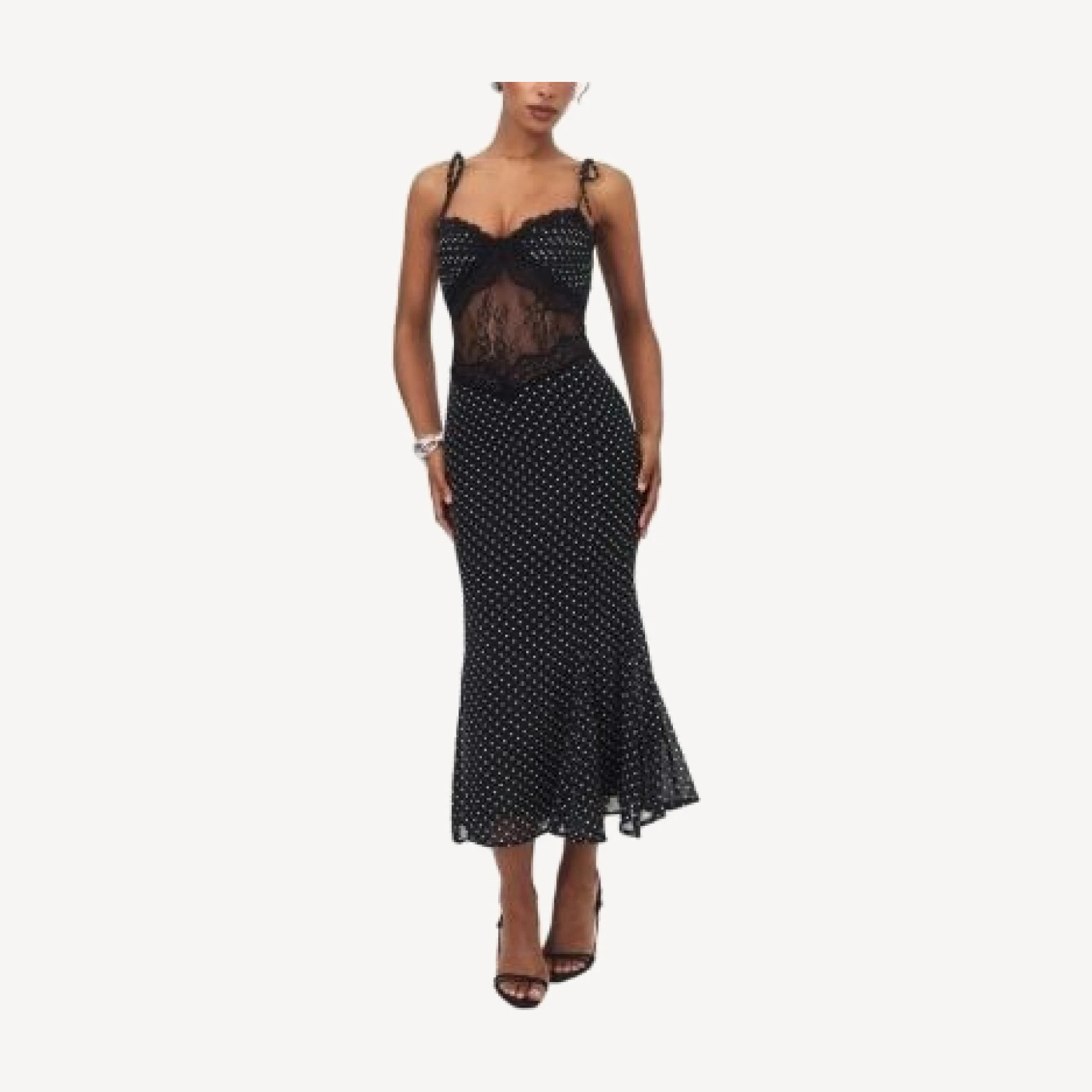 Miss Circle Zehra Polka Dot Chiffon Lace Cutout Mermaid Midi Dress