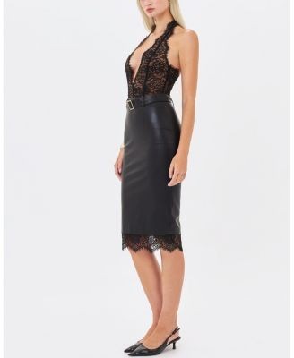 Miss Circle Fiera Lace Deep V Plunging Halter Belted Midi Dress