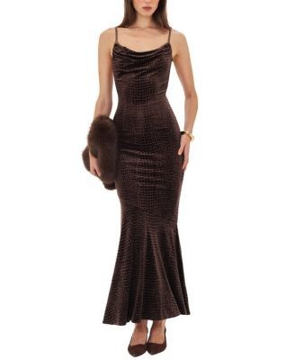 Miss Circle Veronique Croc-Embossed Velvet Cowl Neck Mermaid Maxi Dress