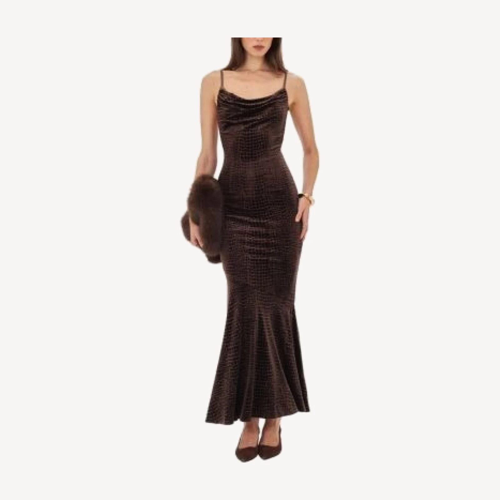 Miss Circle Veronique Croc-Embossed Velvet Cowl Neck Mermaid Maxi Dress